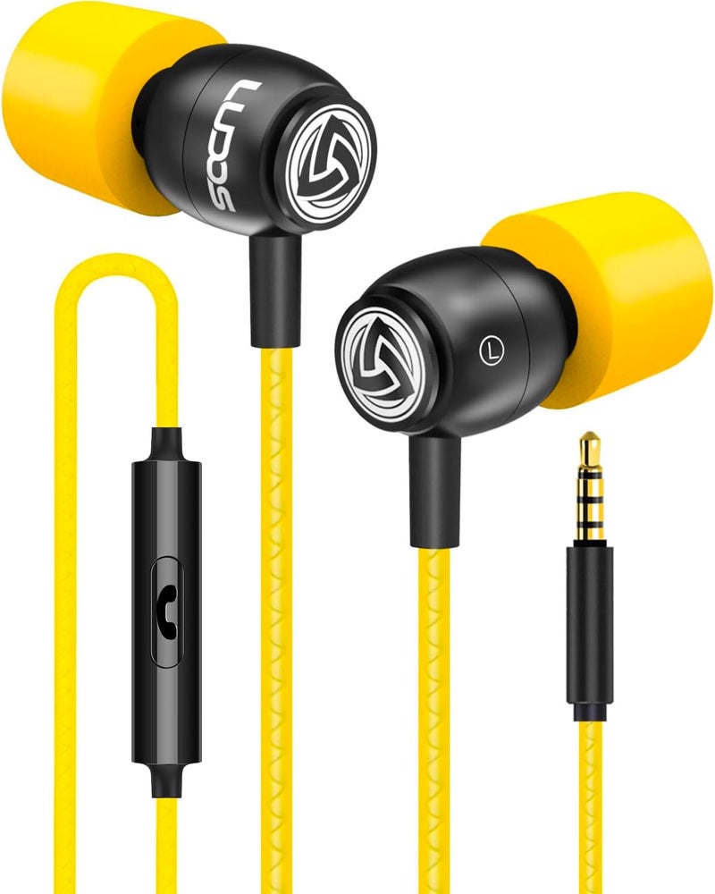 LUDOS Clamor Wired Earbuds in-Ear Headphones, 5 Years Warranty, Earphones with Microphone, Noise Isolating Ear Buds, Memory Foam for iPhone, Samsung, School Students, Kids, Women, Small Ears - Yellow - Image 1